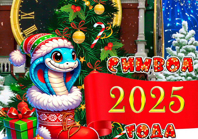 Блестящая красивая гиф открытка с символом 2025 года на фоне Кремлёвских Курантов.