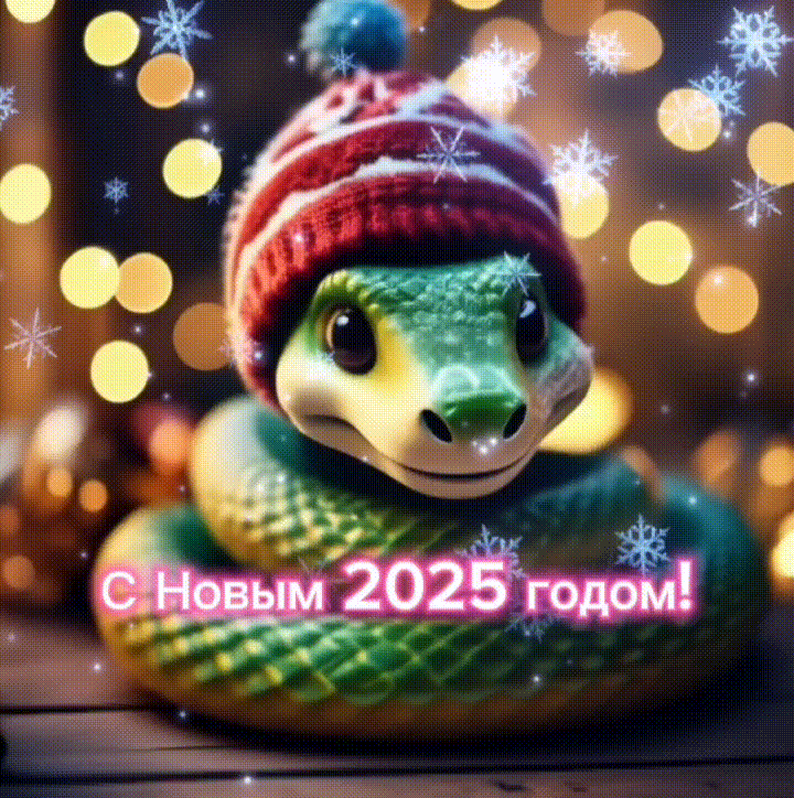 Необычная мерцающая gif картинка с новым годом 2025 и снегопадом из снежинок на фоне Змеи.