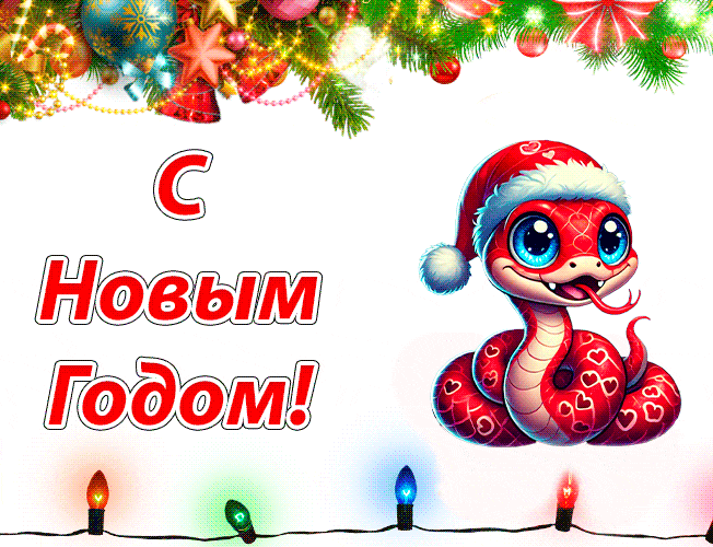 Мигающая анимация с гирляндами и символом 2025 года змеёй.