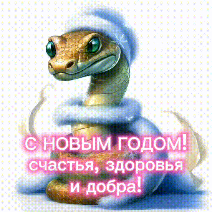 Классная гиф открытка с суровой змеёй и текстом "С новым годом! Счастья, здоровья и добра!".