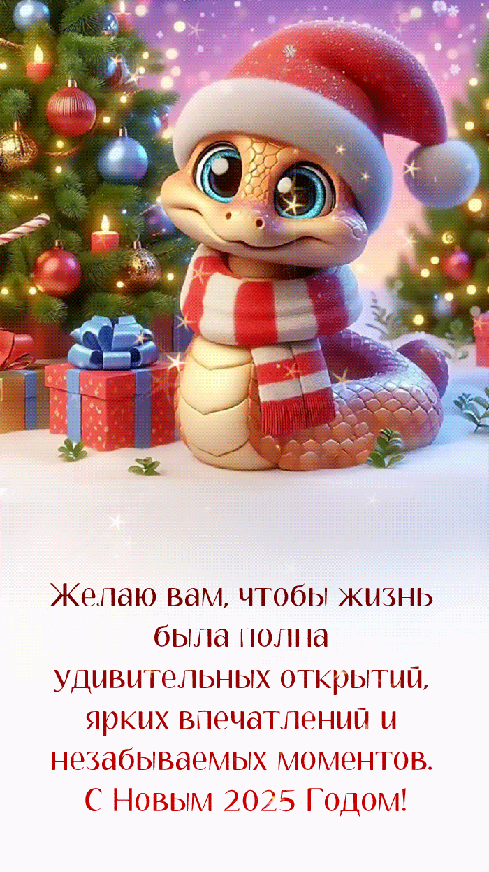 Поздравление с новым 2025 годом сыну (ребёнку) в картинках с символом года змеёй.