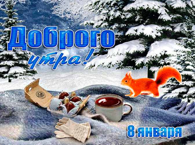 Красивые зимние gif картинки с кофе и белочкой для пожелания доброго утра 8 Января.