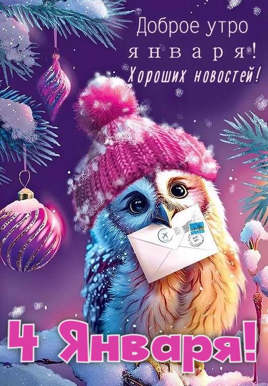 Волшебная открытка с совой и письмом - доброе утро 4 января, хороших новостей. Волшебная открытка с совой и письмом - доброе утро 4 января, хороших новостей.