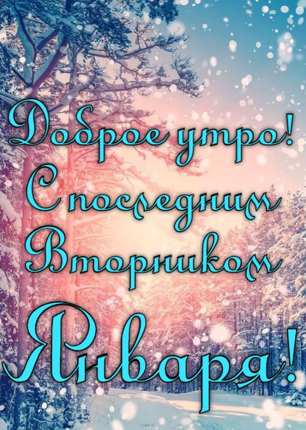 Вертикальная зимняя открытка с надписью "Доброе утро! С последним вторником Января!".