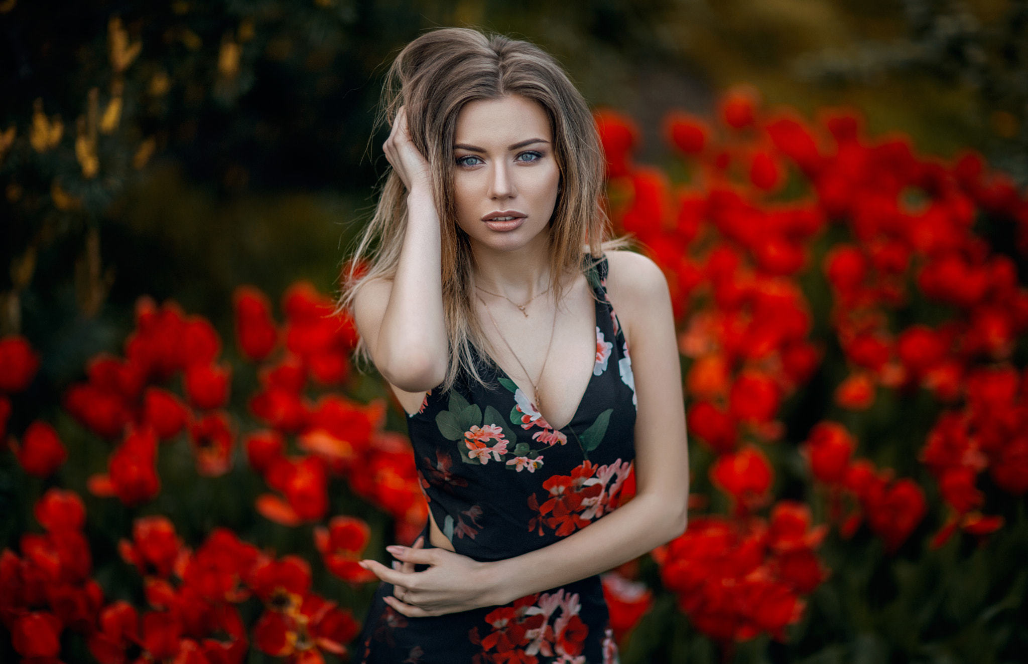 Обои Красивая молодая девушка позирует на фоне красных тюльпанов Daria Honcikova модель.