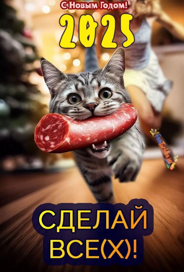 Смешная картинка с котом и колбасой для поздравления с новым 2025 годом.