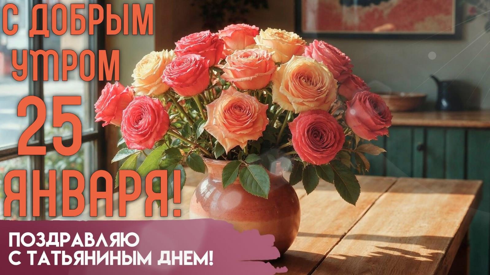 Открытка с букетом роз и надписью "С добрым утром 25 Января! Поздравляю с Татьяниным днём!".