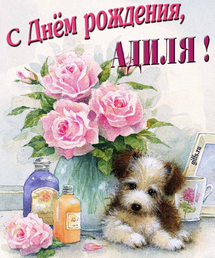 Новая нежная открытка с днём рождения Адиля с розами с собачкой.