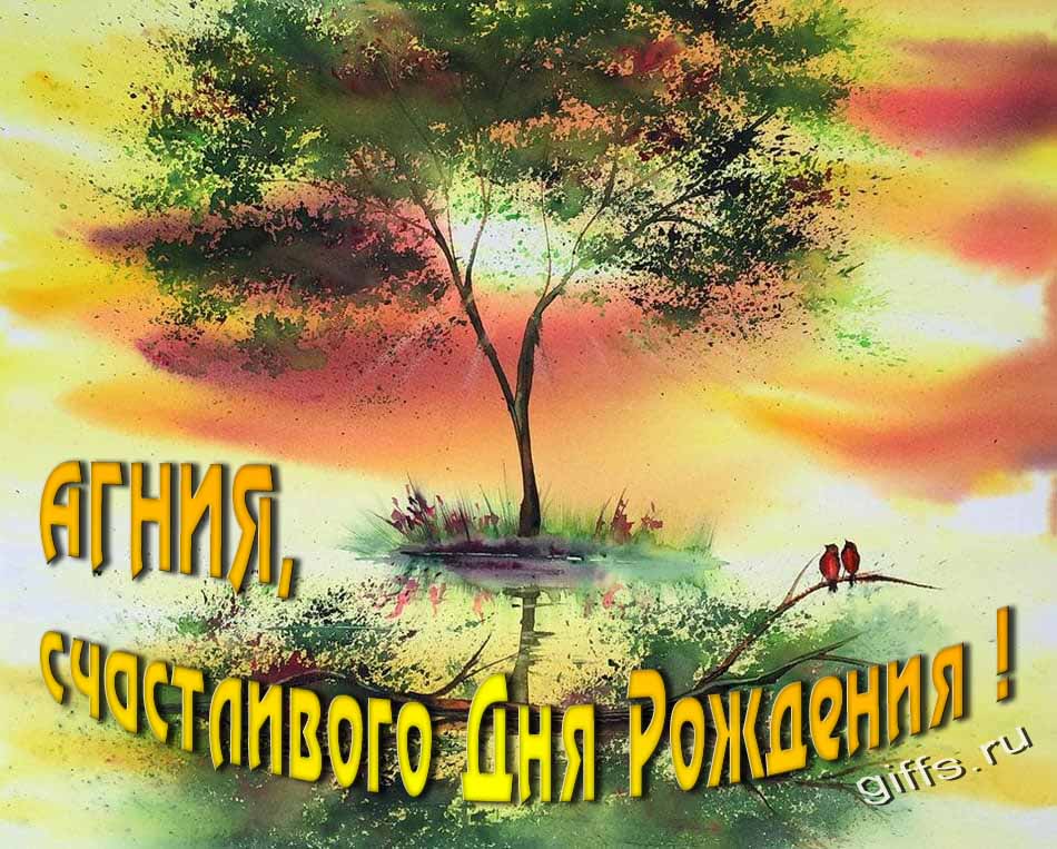 Красивая летняя картинка с природой на фоне заката и пожеланием Агнии счастливого дня рождения.