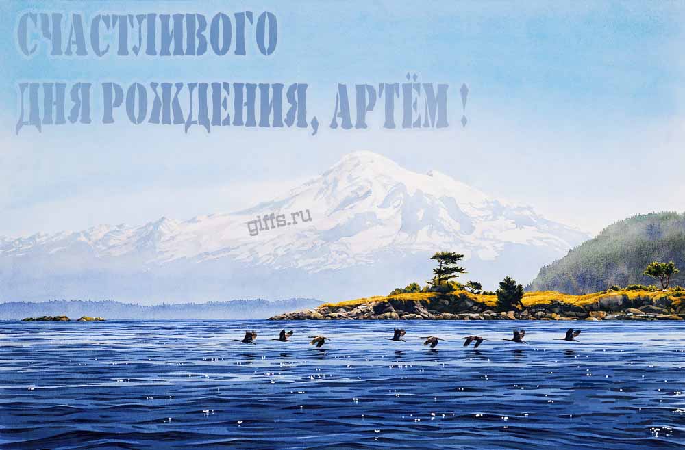 Вдохновляющая открытка с птицами у озера в подножье заснеженной горы "Счастливого дня рождения, Артём!".