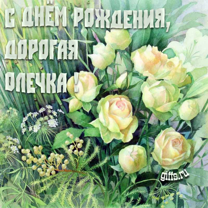 Летняя креативная открытка с белыми розами в траве на день рождения Ольге.