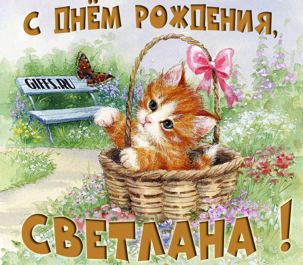 Милая летняя открытка с рыжим котёнком и поздравлением в день рождения для Светланы. Милая летняя открытка с рыжим котёнком и поздравлением в день рождения для Светланы.
