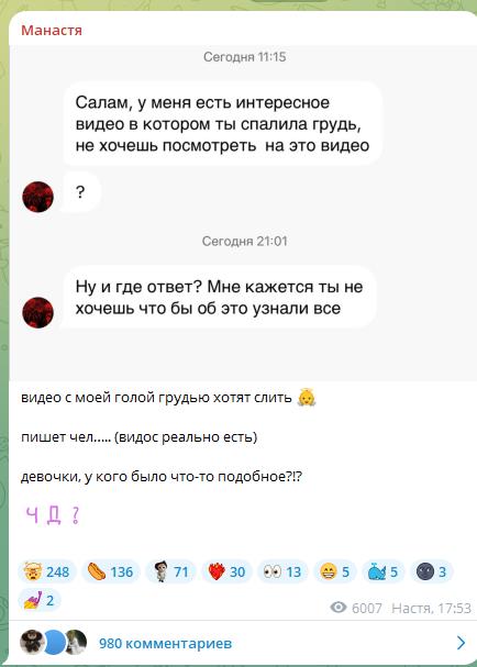 Скриншот переписки Насти Манасти, который она выложила в свой ТГ.